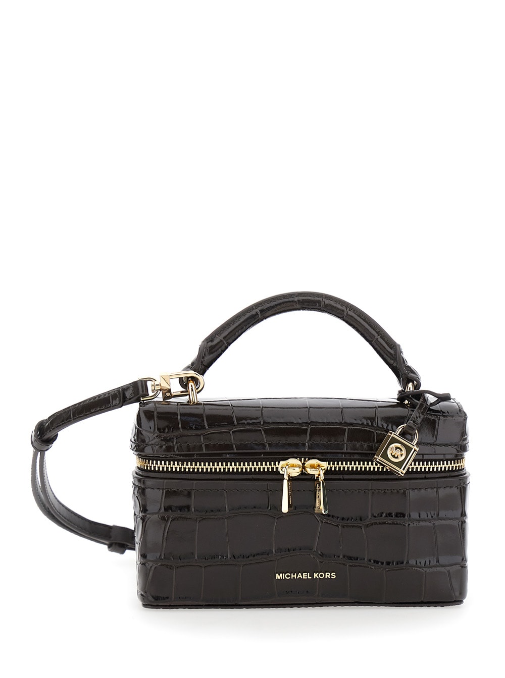 MICHAEL Michael Kors Black Vanity Bag With Logo Lettering On The Front In Crocodile Effect Leather Woman