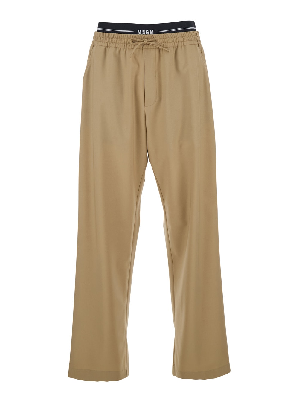 MSGM Beige Pants With Elastic Drawstring Waist In Wool Stretch Man