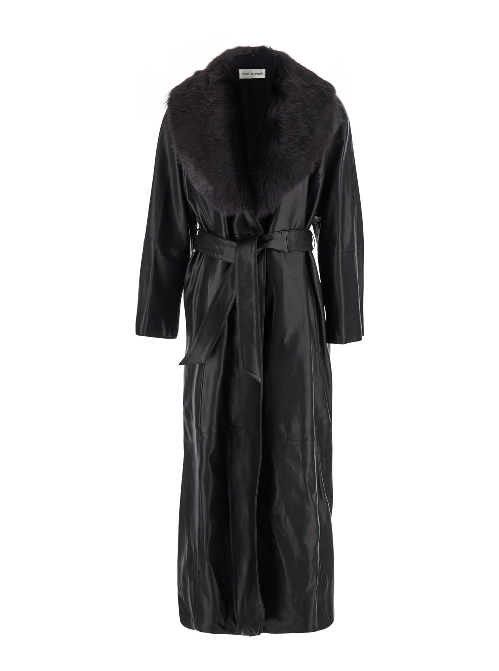 Nour Hammour Black Coat With Removable Faux-fur Lapels And Waist Belt In Leather Woman