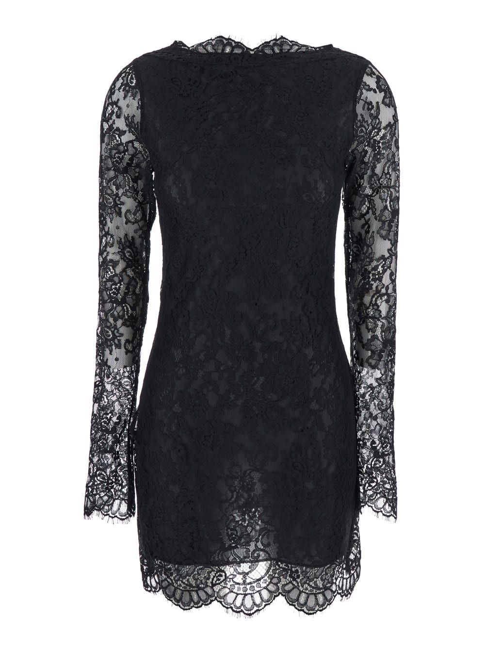 SEMICOUTURE Black Crewneck Dress With Lace Embroidery In Cotton Blend Woman