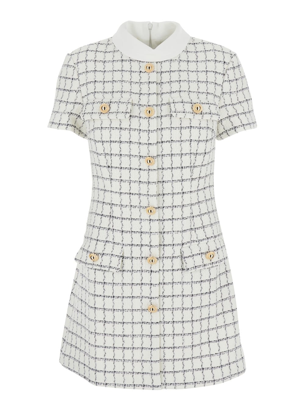 self-portrait White Mini Dress With Jewel Buttons And All-over Check Motif In Tech Fabric Woman