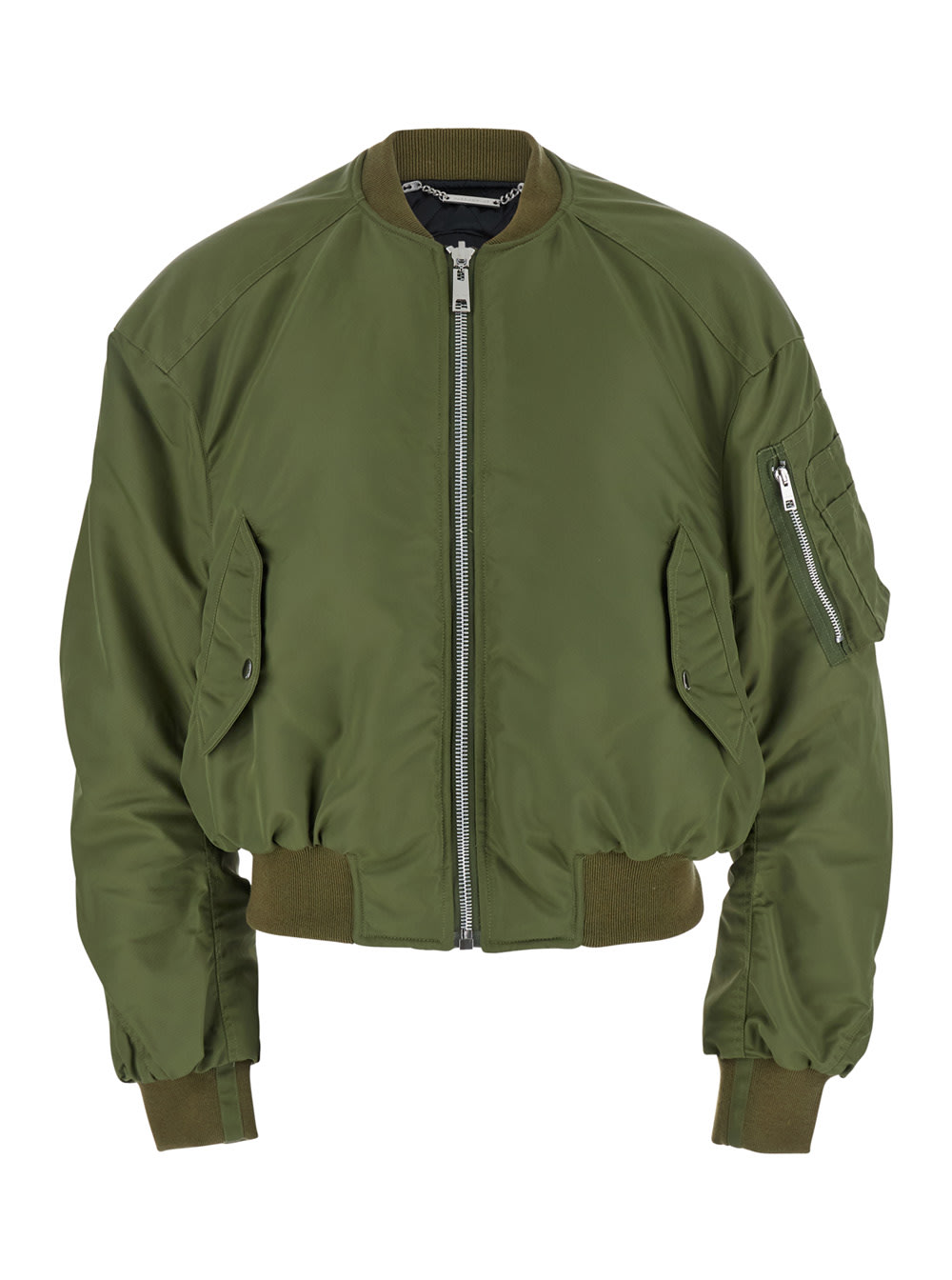 JORDANLUCA Green Cropped Bomber Jacket With One Zip Pocket On The Sleeve In Tech Fabric Man