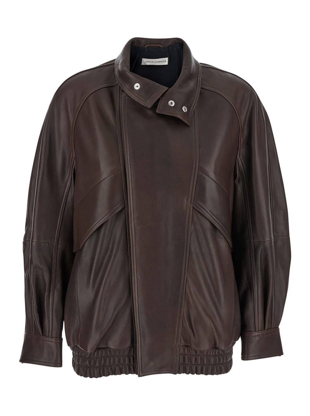 Nour Hammour ariste Brown Jacket With High Neck With Buttons In Leather Woman