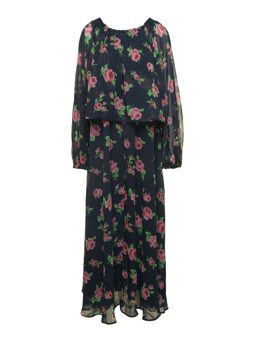 Maxi Multicolor Dress With All-Over Roses Print In Chiffon Woman