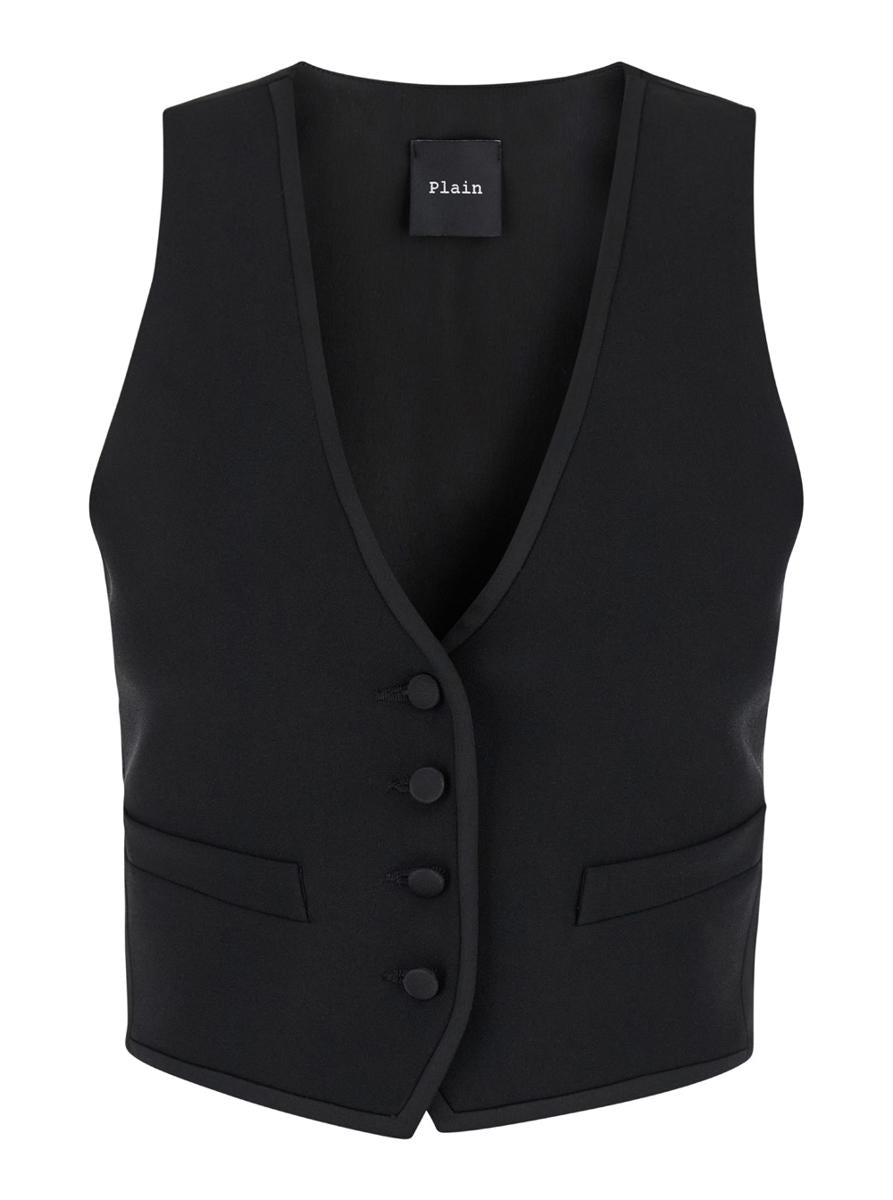 'Smoking' Black Vest With Covered Buttons In Tech Fabric Woman