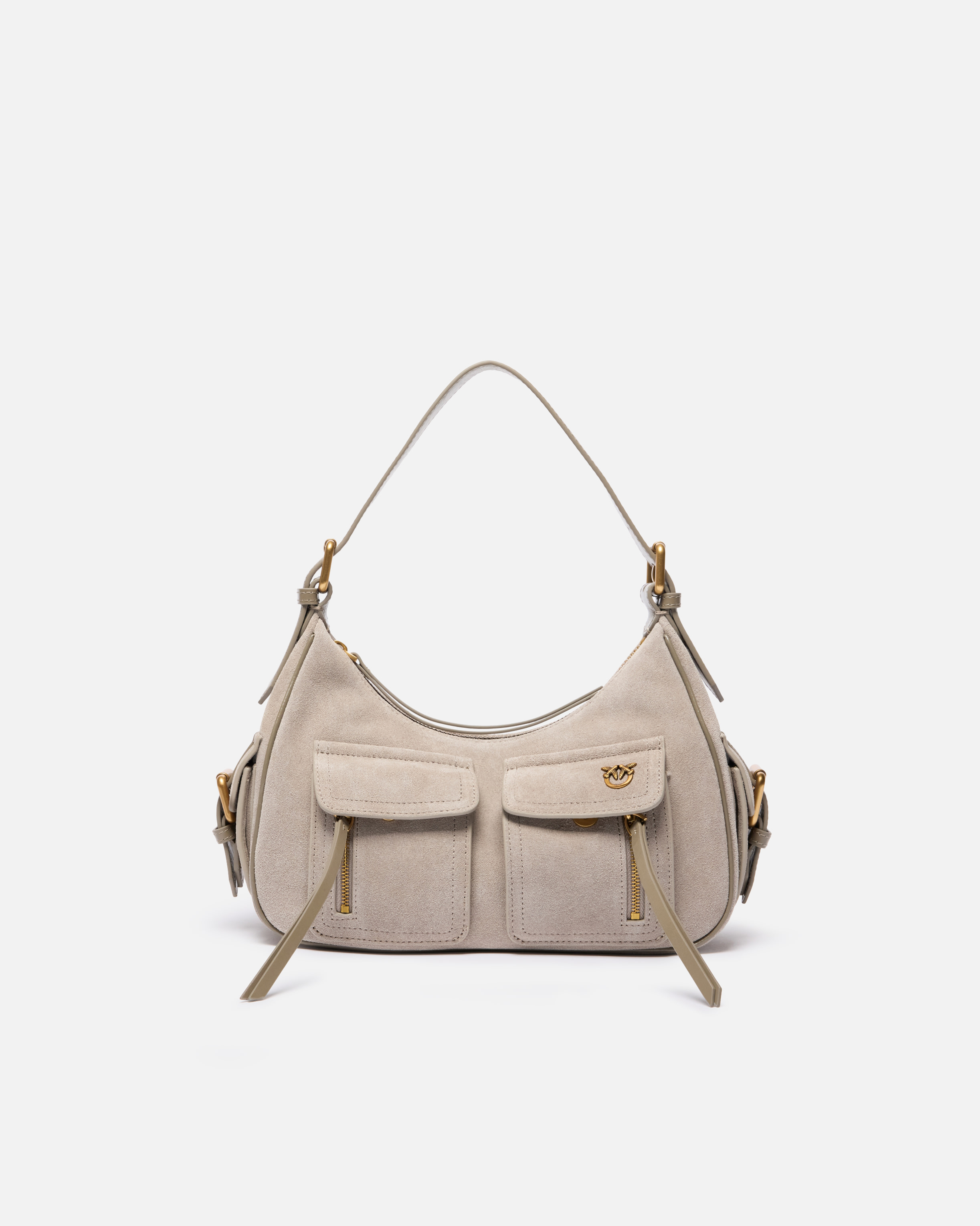 Pinko, Suede cargo shoulder bag with pockets, Beige aluminium-antique gold, U