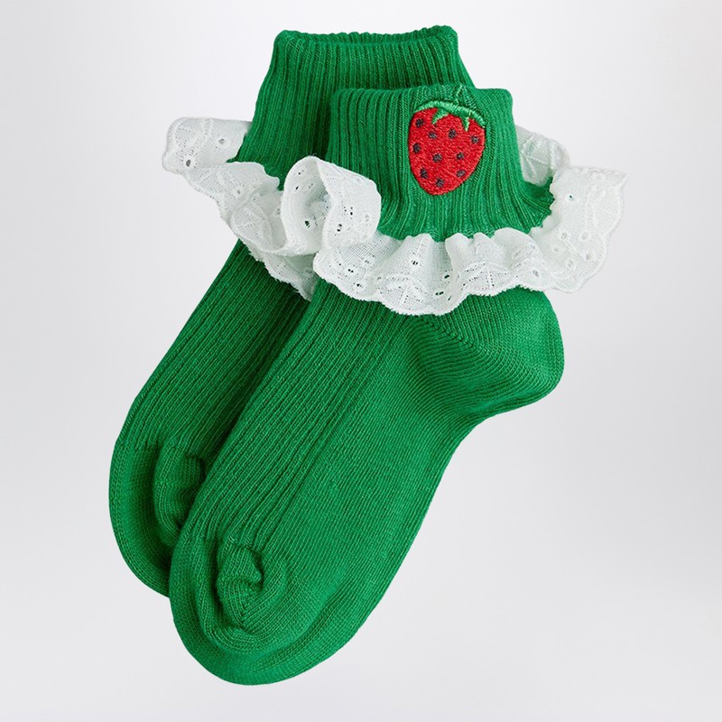 Green socks with embroidered strawberries and lace