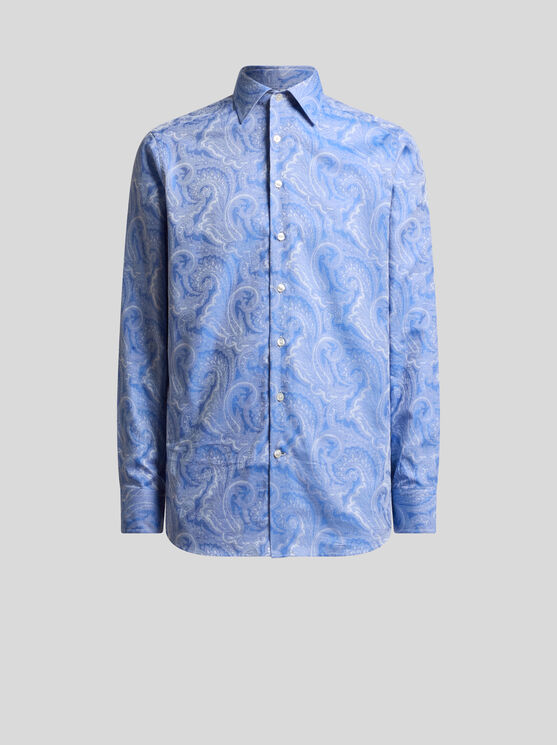Etro, Chemise En Jacquard De Coton À Motif Floral, Homme, Bleu, Taille 37