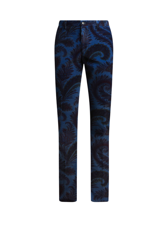Etro, Pantalon Droit En Velours Côtelé À Motif Feuillage, Homme, Bleu, Taille 44