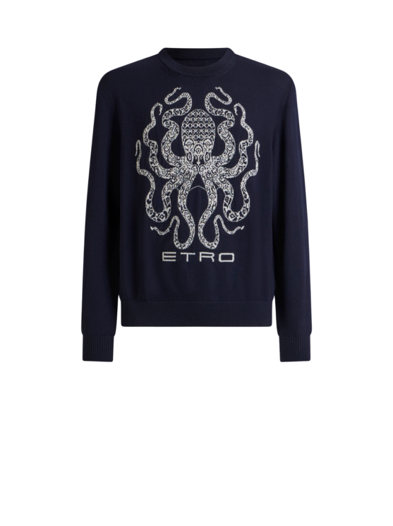 Etro, Pull En Laine Avec Poulpe Et Logo, Homme, Bleu Marine, Taille XS