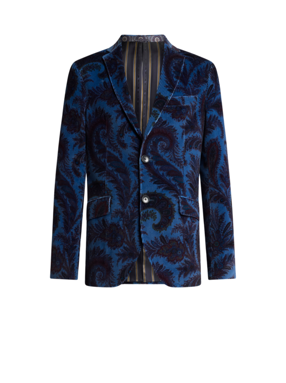 Etro, Veste En Velours Côtelé À Motif Feuillage, Homme, Bleu, Taille 46