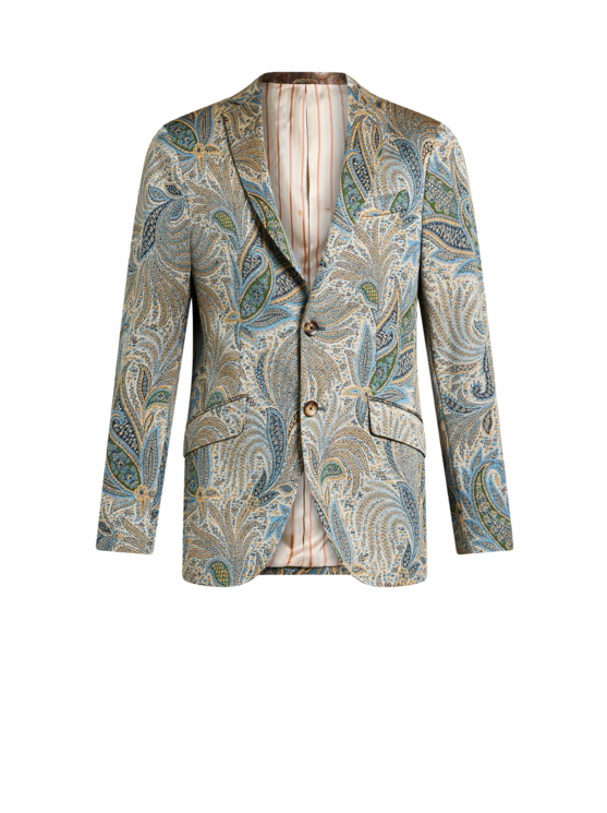 Etro, Blazer À Motif Feuillage En Coton Mélangé, Homme, Bleu, Taille 50