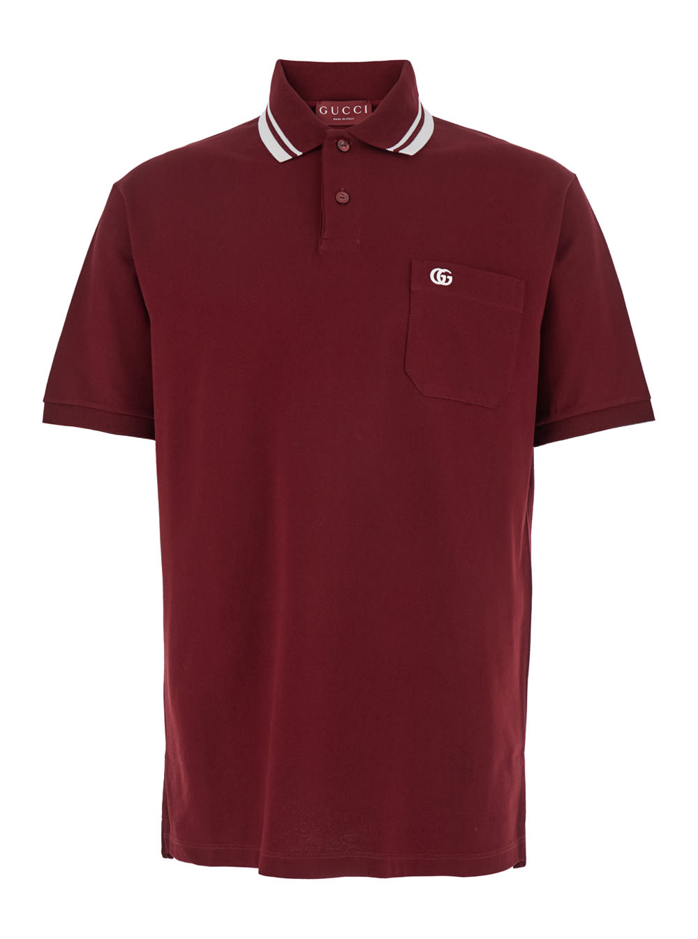 Gucci Bordeaux Polo Shirt With Striped Motif On The Collar And Double G Embroidery On The Front In Cotton Man