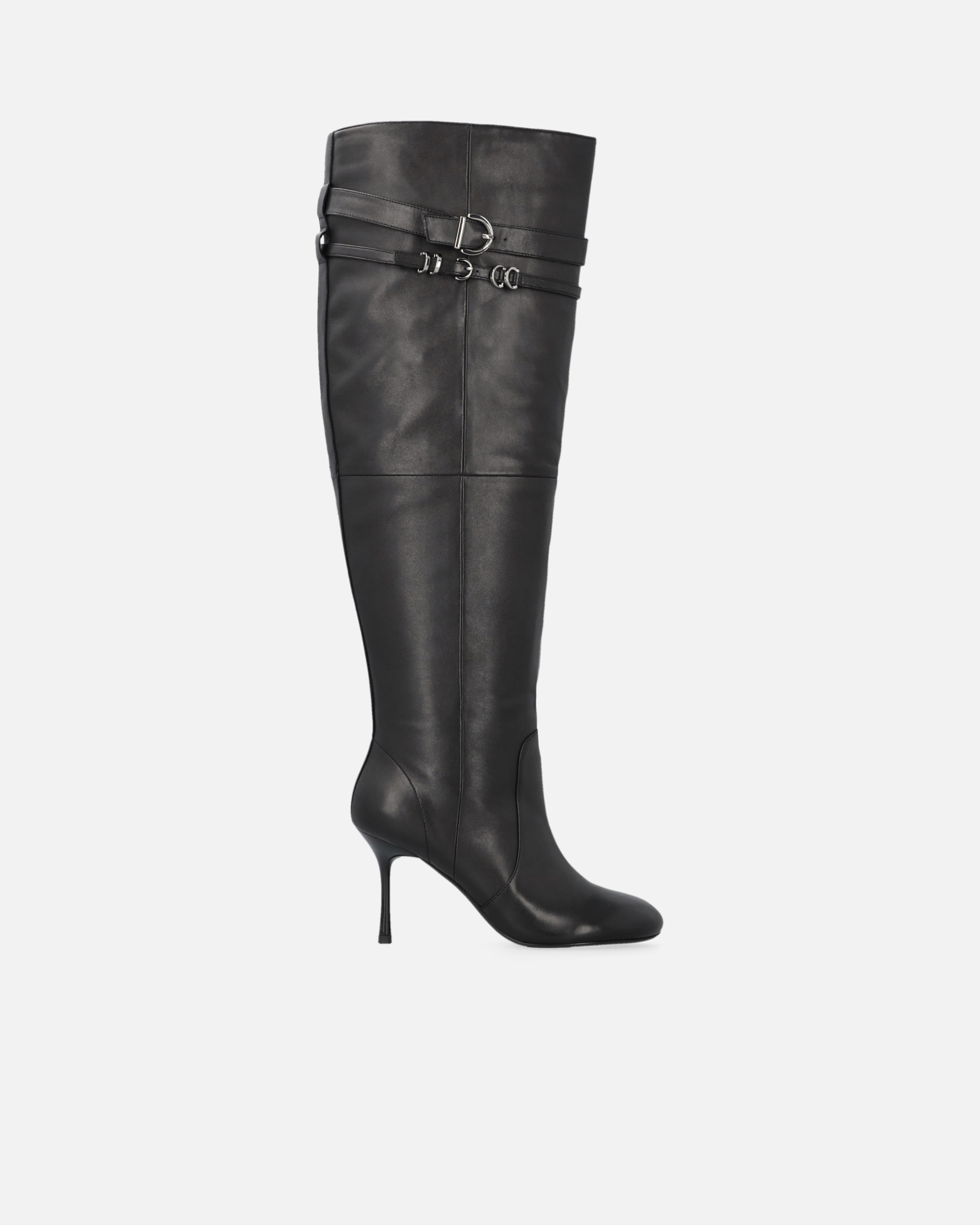 Pinko, Bottes hauteur genou en cuir nappa à talon et bride, Noir limousine, 36