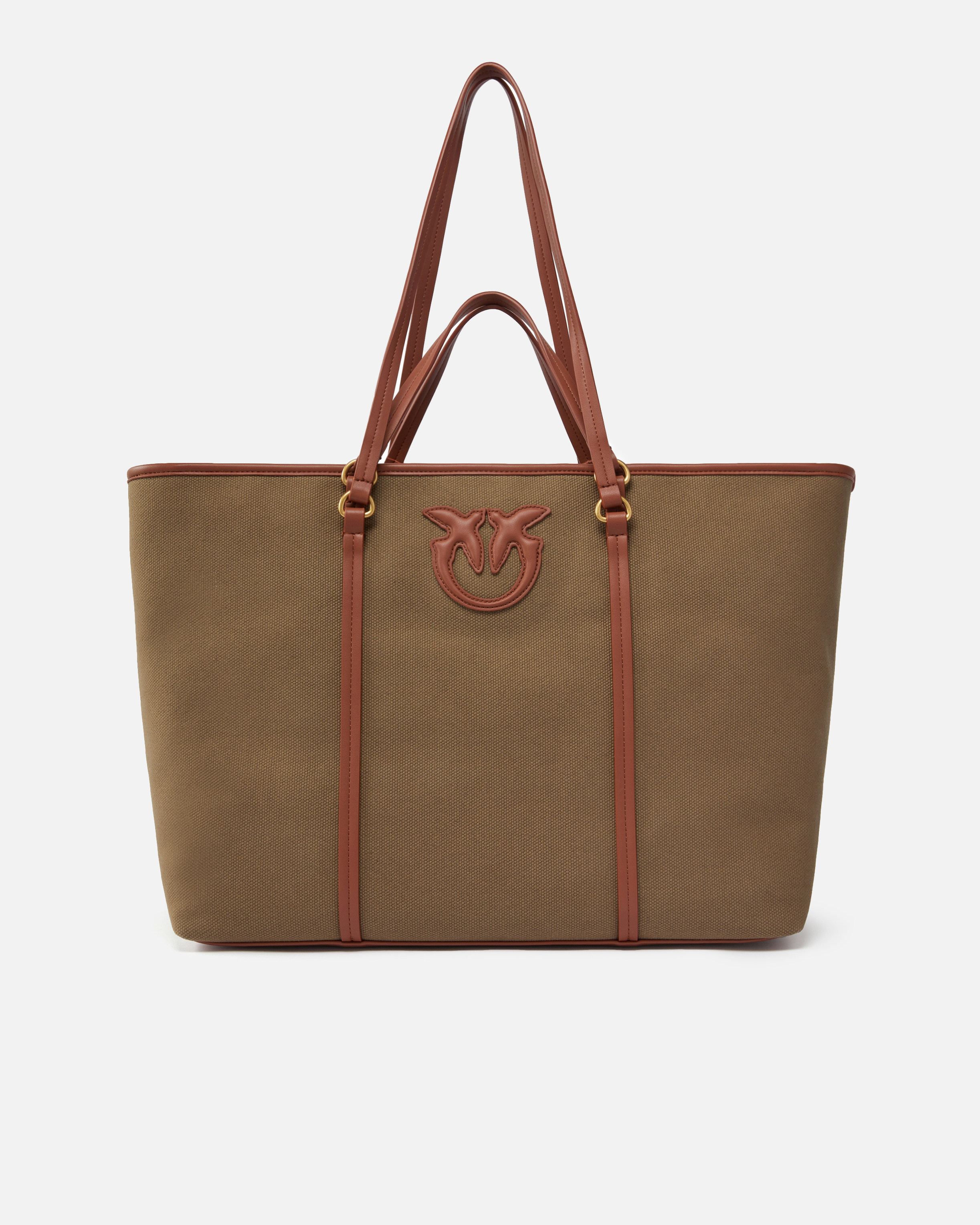 Pinko, Maxi cabas en canvas recyclé à double anse, Military/leather-antique gold, U